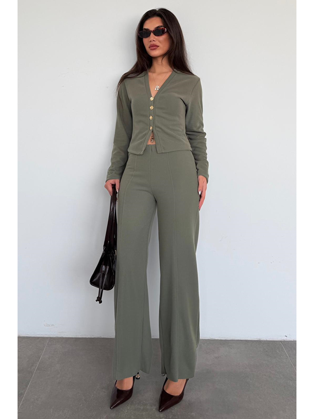 Haki Düğmeli Yumuşak Dokunuşlu İkili Hırka Pantolon Takım Mg2651-4