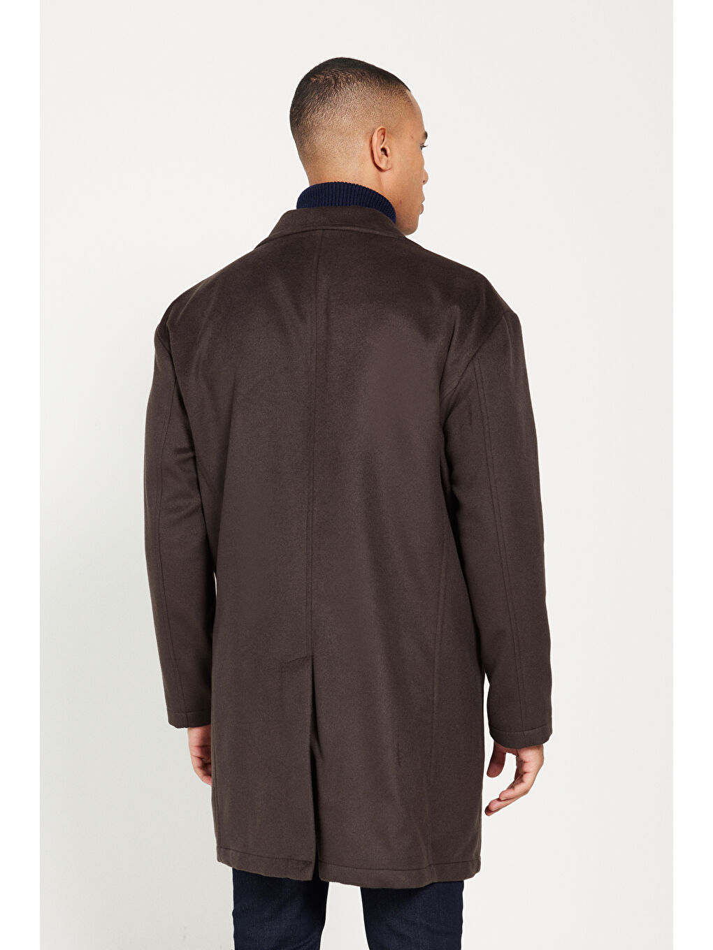 Erkek Kahverengi Oversize Fit Bol Kesim Mono Yaka Desenli Palto-7