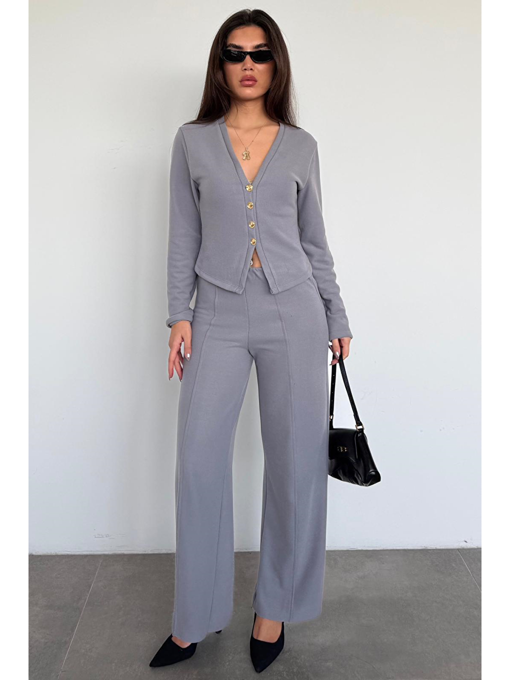 Gri Füme Düğmeli Yumuşak Dokunuşlu İkili Hırka Pantolon Takım Mg2651-1