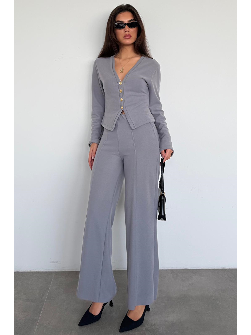 Gri Füme Düğmeli Yumuşak Dokunuşlu İkili Hırka Pantolon Takım Mg2651-2