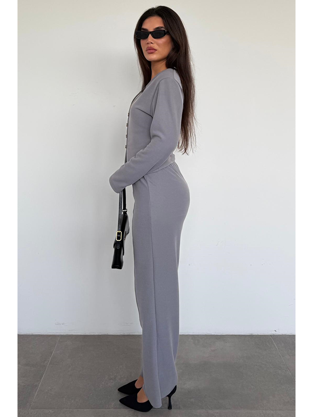 Gri Füme Düğmeli Yumuşak Dokunuşlu İkili Hırka Pantolon Takım Mg2651-3