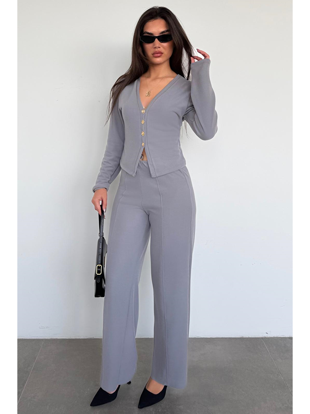 Gri Füme Düğmeli Yumuşak Dokunuşlu İkili Hırka Pantolon Takım Mg2651-5