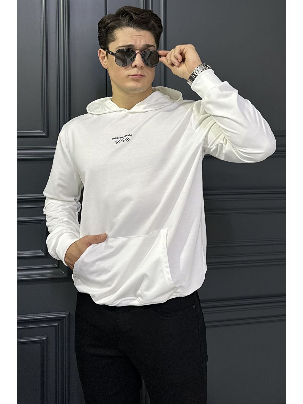 Ekru Kanguru Cepli Kapüşonlu Erkek Sweatshirt