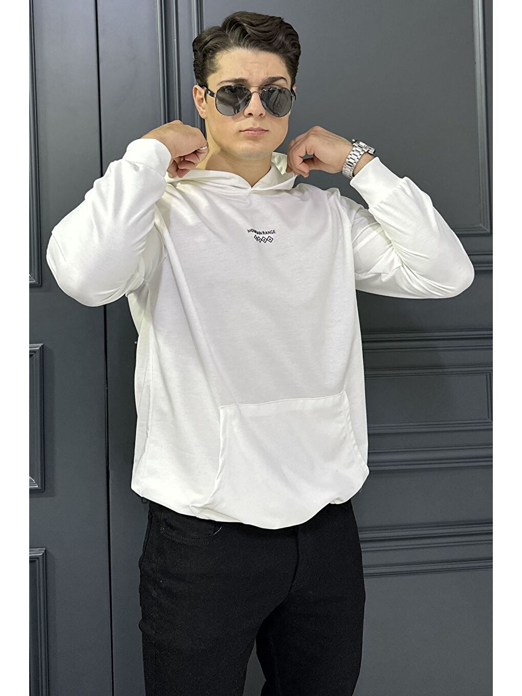 Ekru Kanguru Cepli Kapüşonlu Erkek Sweatshirt-1