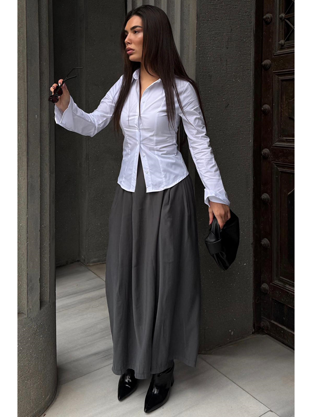 Antrasit  Rahat Kesim Pileli Cepli Kadın Etek Pantolon Mg2693-2