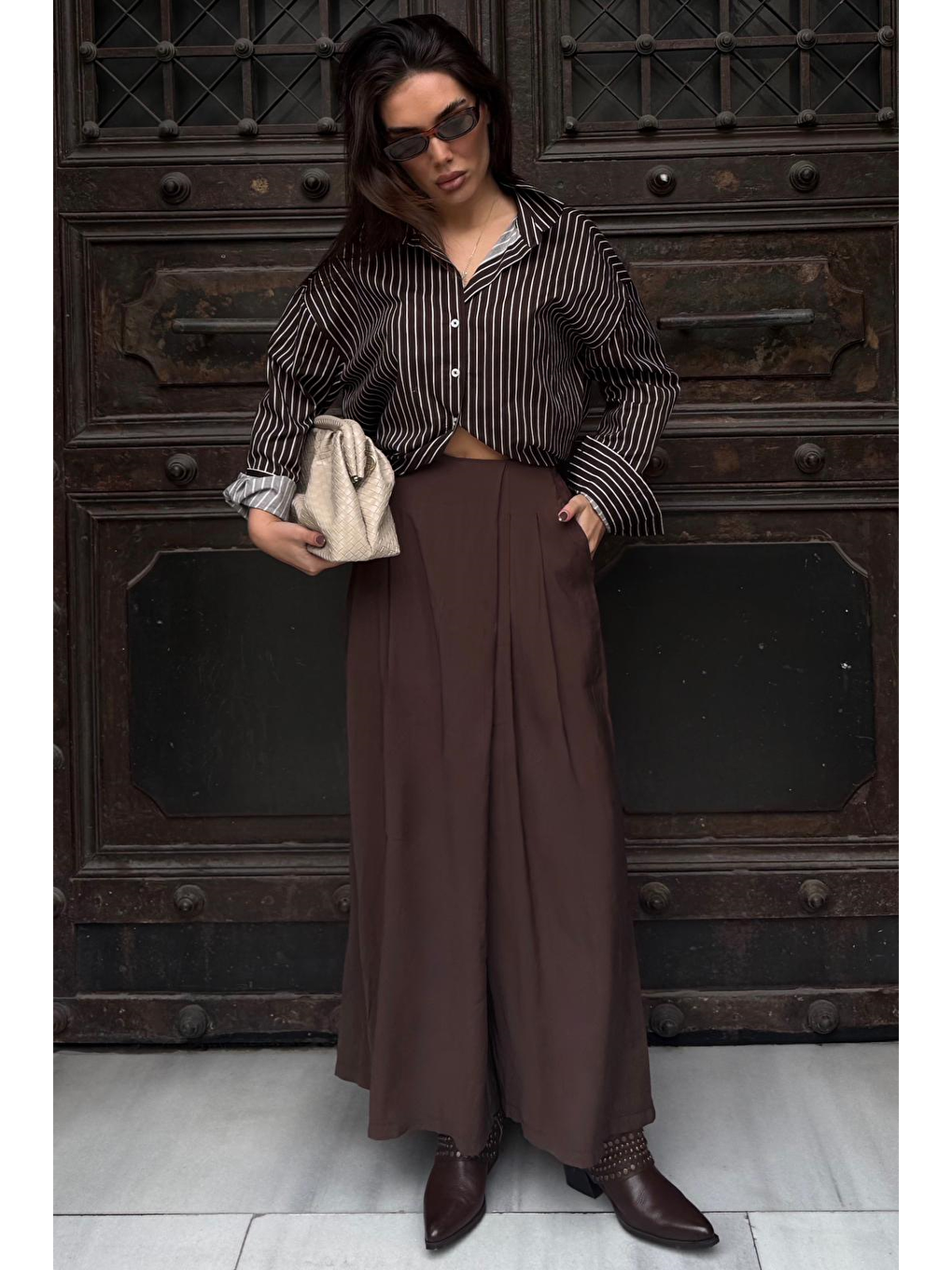 Kahverengi Rahat Kesim Pileli Cepli Kadın Etek Pantolon Mg2693-4