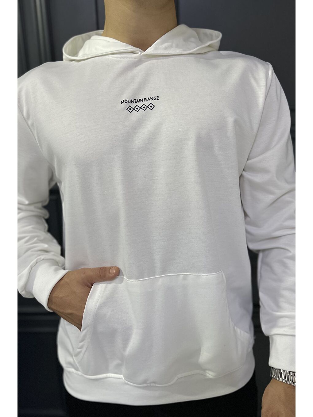 Ekru Kanguru Cepli Kapüşonlu Erkek Sweatshirt-3