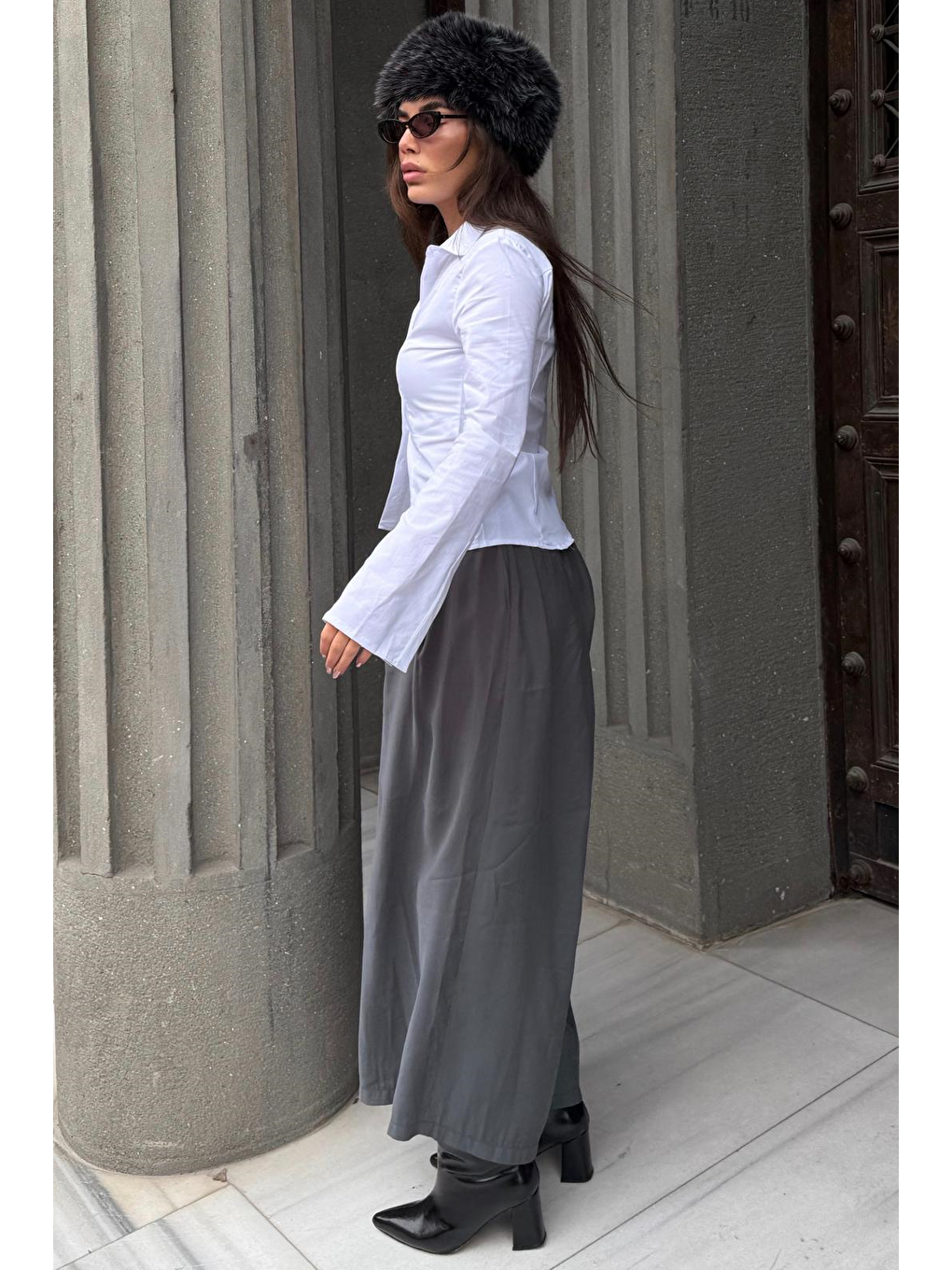 Antrasit  Rahat Kesim Pileli Cepli Kadın Etek Pantolon Mg2693-4