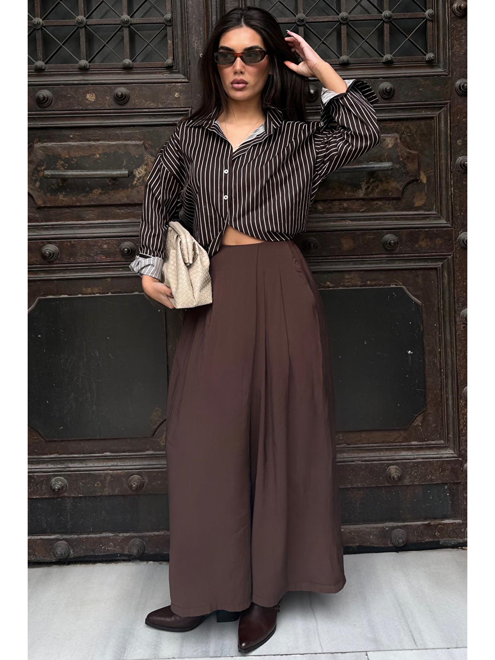 Kahverengi Rahat Kesim Pileli Cepli Kadın Etek Pantolon Mg2693-6