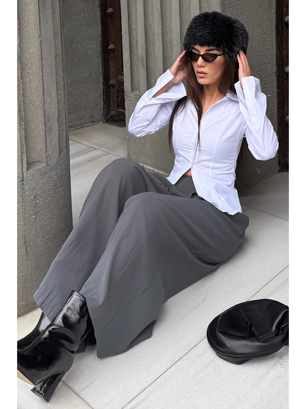 Antrasit  Rahat Kesim Pileli Cepli Kadın Etek Pantolon Mg2693-5