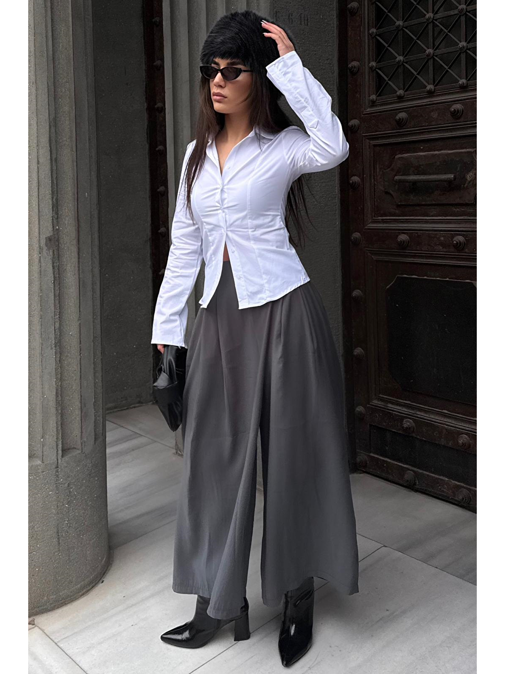 Antrasit  Rahat Kesim Pileli Cepli Kadın Etek Pantolon Mg2693-6