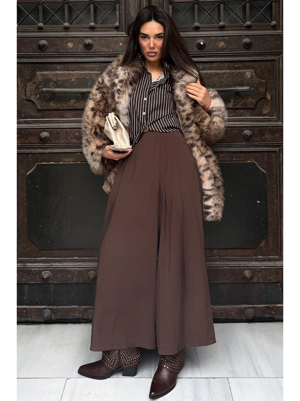 Kahverengi Rahat Kesim Pileli Cepli Kadın Etek Pantolon Mg2693-8