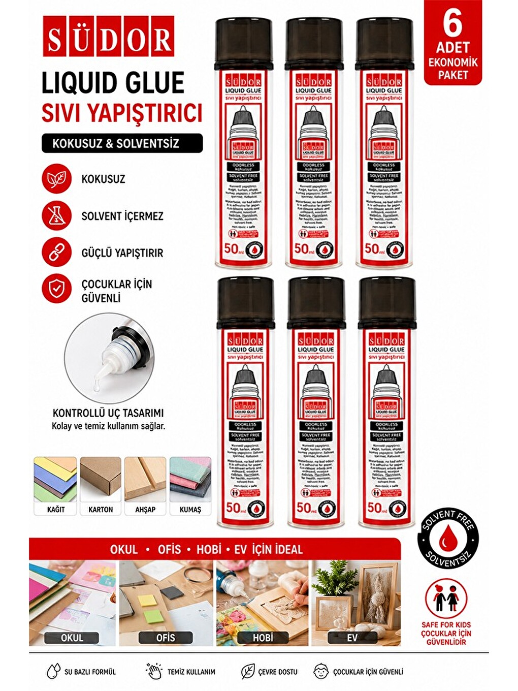Sıvı Yapıştırıcı Şeffaf 50ml 6 Adet Südor Plastik Tüpte Sıvı Uhu Kağıt Karton Yapıştırıcısı Zararsız