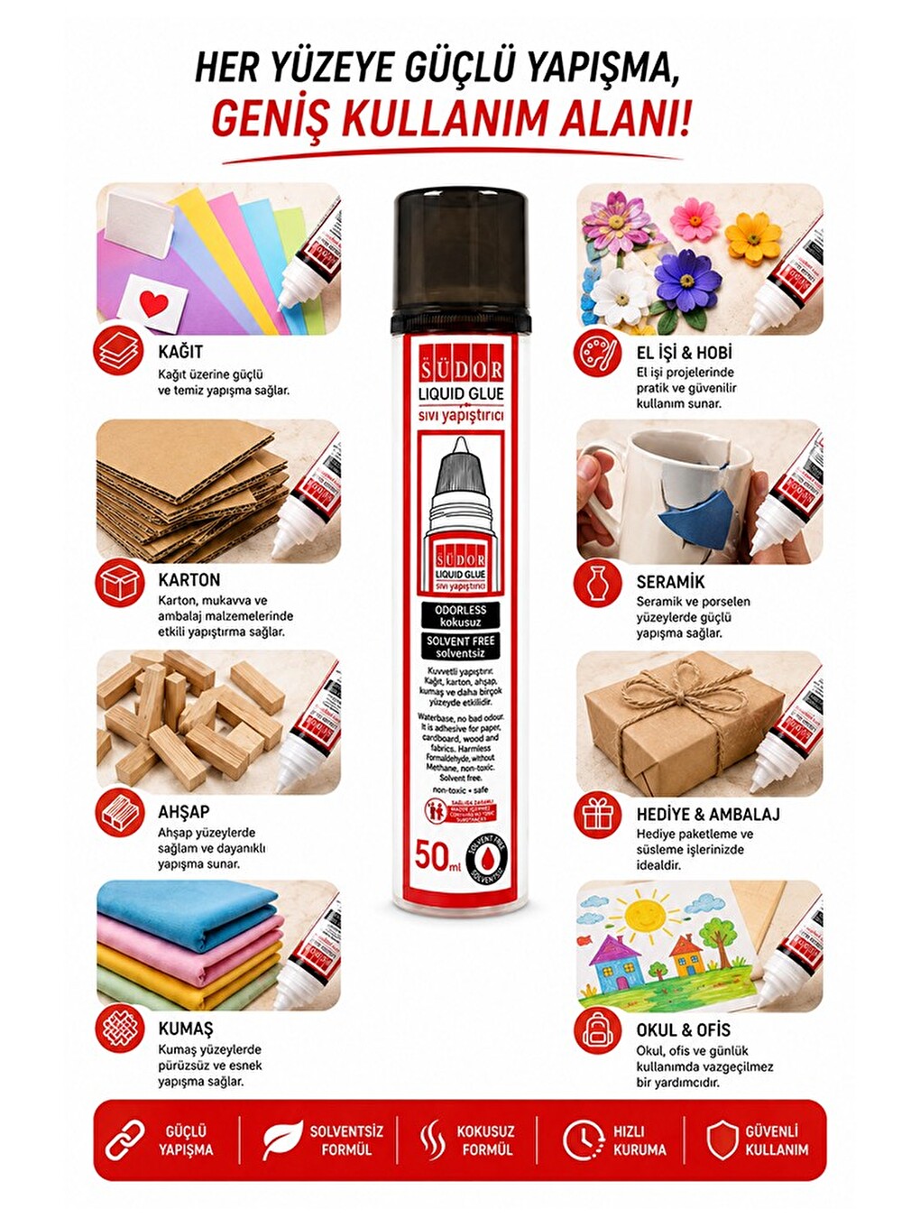 Sıvı Yapıştırıcı Şeffaf 50ml 6 Adet Südor Plastik Tüpte Sıvı Uhu Kağıt Karton Yapıştırıcısı Zararsız-1