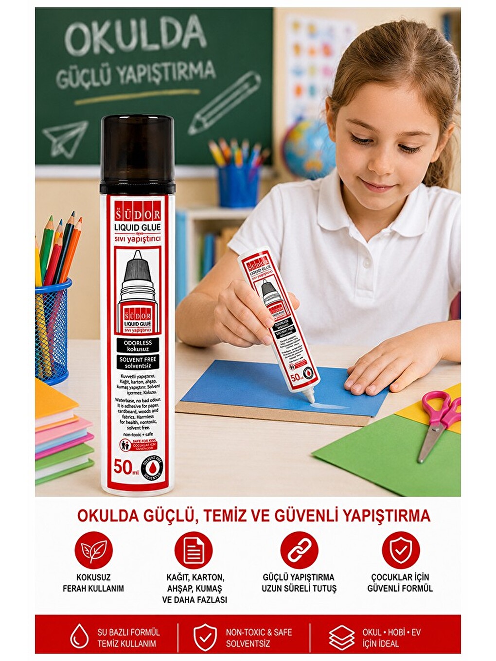 Sıvı Yapıştırıcı Şeffaf 50ml 6 Adet Südor Plastik Tüpte Sıvı Uhu Kağıt Karton Yapıştırıcısı Zararsız-4