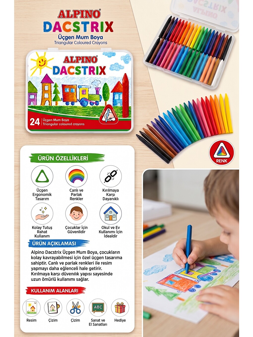 Mum Boya 24 Lü Plastik Kutu 1 Paket Alpino Dacstrix 24 Renk Mumboya Elleri Kirletmeyen Yıkanabilir S