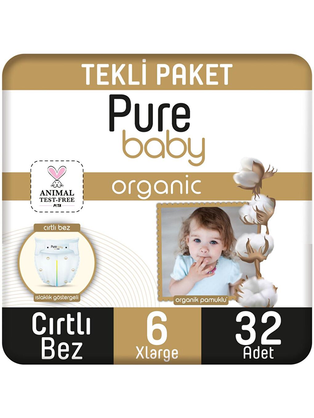 Pure Baby Renksiz Organik Pamuklu Cırtlı Bez Tekli Paket 6 Numara Xlarge 32 Adet