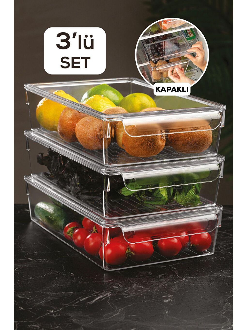 Meleni Home Beyaz 3'lü Kapaklı Buzdolabı Düzenleyici Buzdolabı Içi Düzenleyici Organizer 7 X 32,5 X 20 Cm