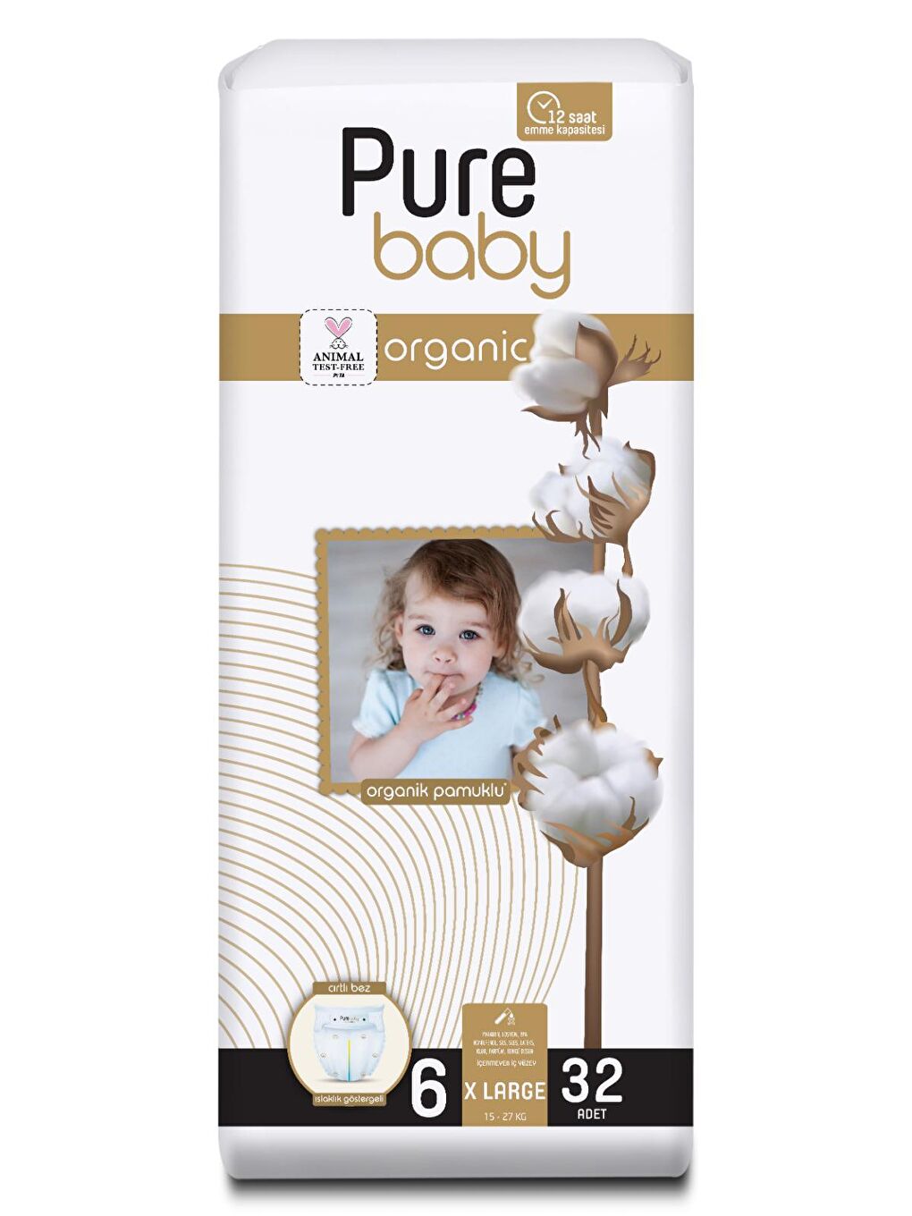 Pure Baby Renksiz Organik Pamuklu Cırtlı Bez Tekli Paket 6 Numara Xlarge 32 Adet - 1