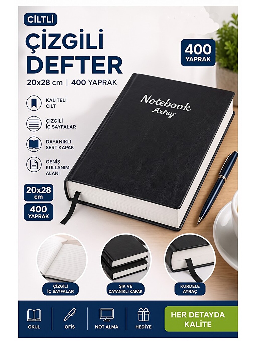 Ciltli Çizgili Defter 400 Yaprak 20x28cm 1 Adet Çok Yapraklı Sert Kapaklı Not Hesap Defteri Okul Ofi