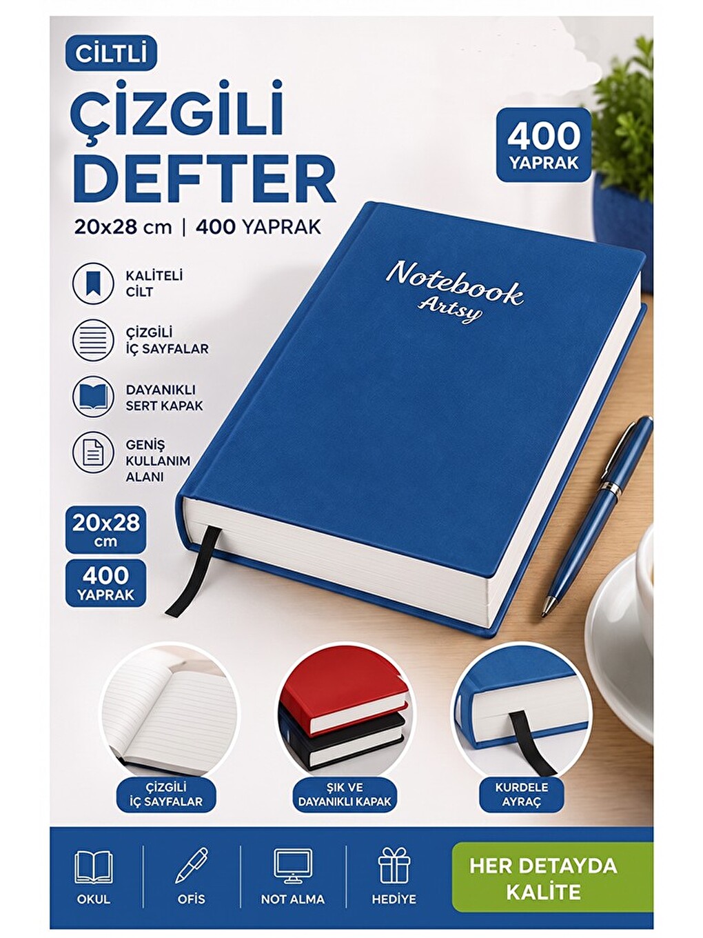 Ciltli Çizgili Defter 400 Yaprak 20x28cm 1 Adet Çok Yapraklı Sert Kapaklı Not Hesap Defteri Okul Ofi