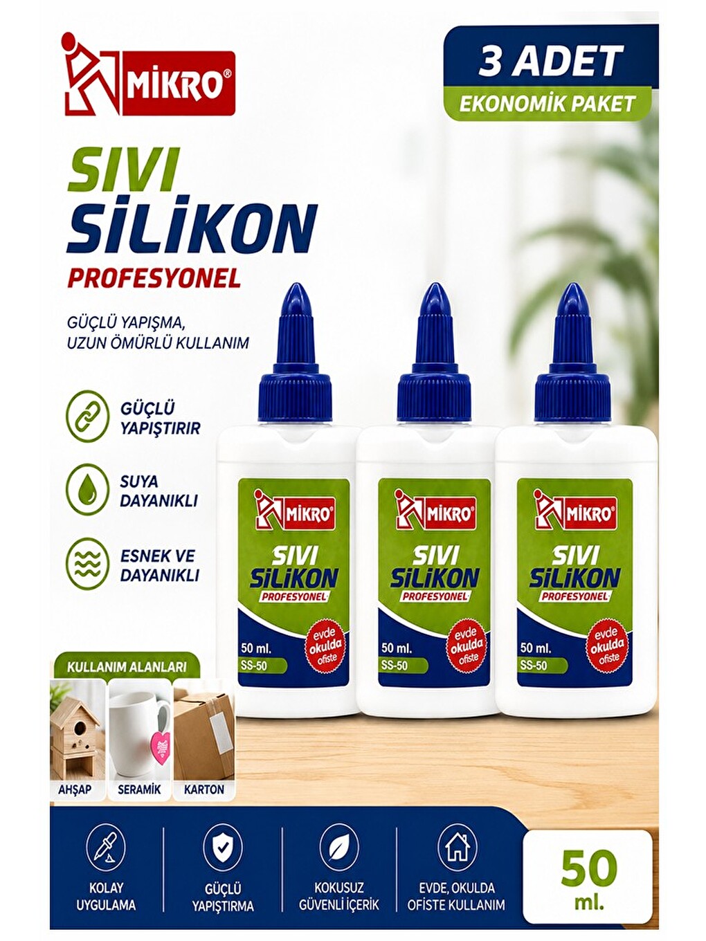 Sıvı Silikon Yapıştırıcı 50 Ml 3 Adet Mikro Silikon Yapıştırıcı Sıvı 50 Gr Plastik Cam Mermer Kağıt