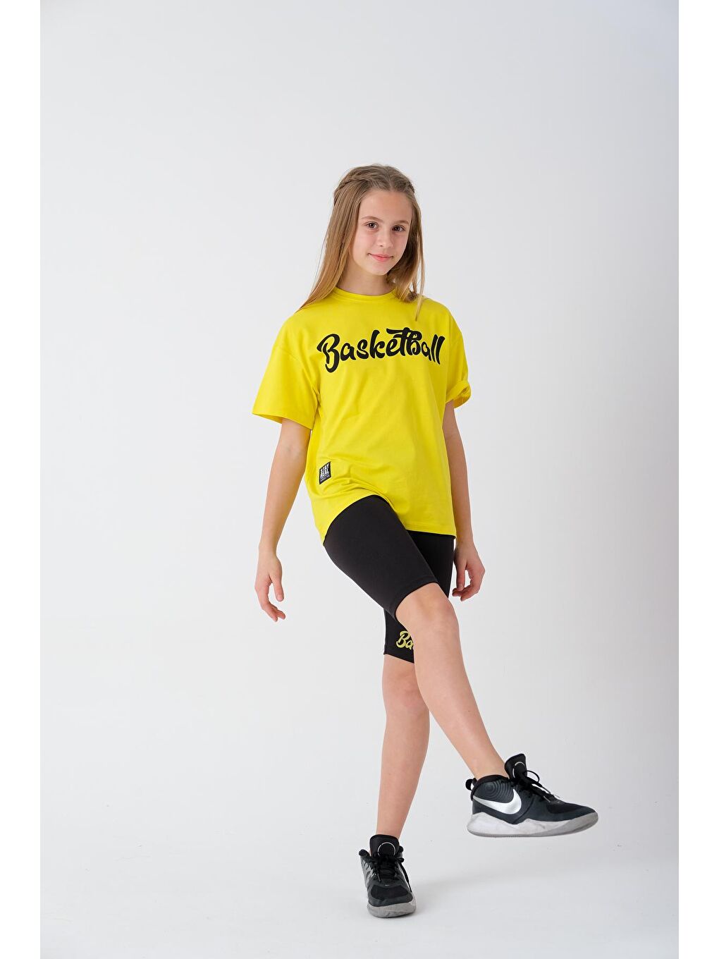 Sarı Yazı Baskılı Şort Tayt ve Tişörtlü Kız Çocuk Takım 13856-2