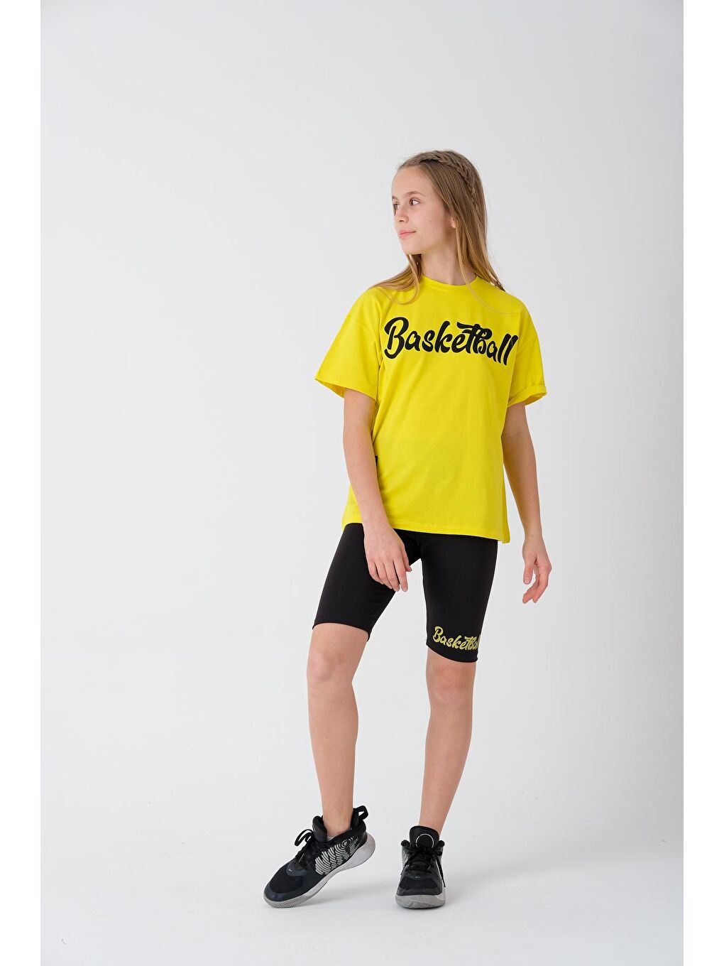 Sarı Yazı Baskılı Şort Tayt ve Tişörtlü Kız Çocuk Takım 13856-3