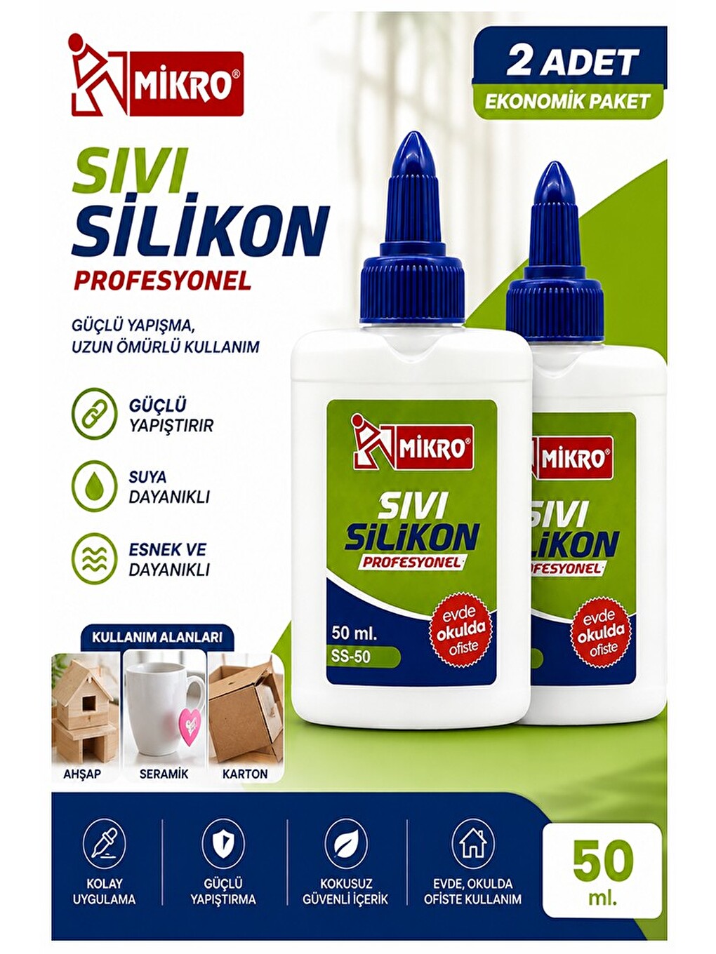 Sıvı Silikon Yapıştırıcı 50 Ml 2 Adet Mikro Silikon Yapıştırıcı Sıvı 50 Gr Plastik Cam Mermer Kağıt