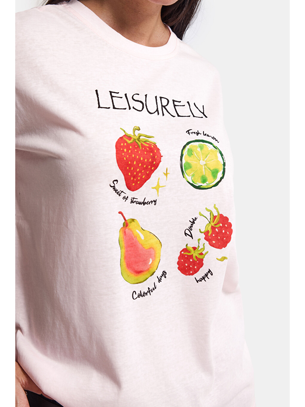 Kadın Pembe Meyve Baskılı Bol Kesim Tasarım T-shirt-3