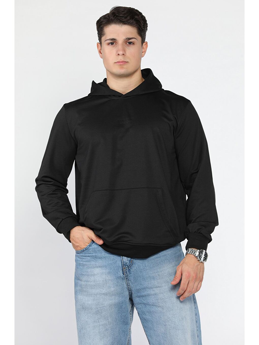 Siyah Kanguru Cepli Kapüşonlu Erkek Sweatshirt