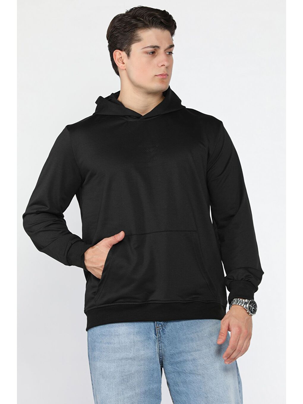 Siyah Kanguru Cepli Kapüşonlu Erkek Sweatshirt-1