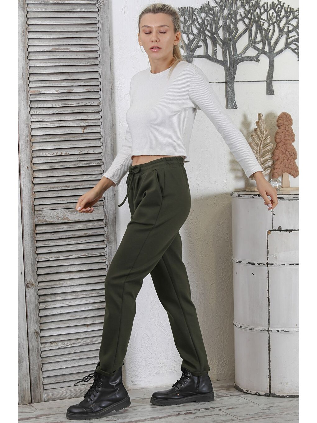 Koyu Haki Cepli Örme Lastikli ve Bağlamalı Bel Duble Paça Casual İnterlok Eşofman Altı-1