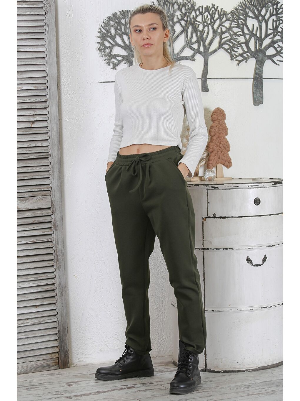 Koyu Haki Cepli Örme Lastikli ve Bağlamalı Bel Duble Paça Casual İnterlok Eşofman Altı-3