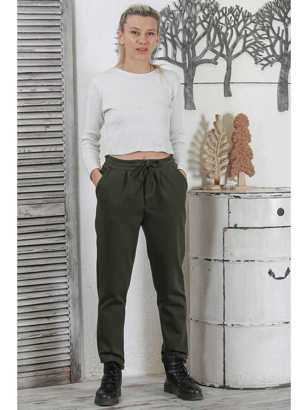 Koyu Haki Cepli Örme Lastikli ve Bağlamalı Bel Duble Paça Casual İnterlok Eşofman Altı-7