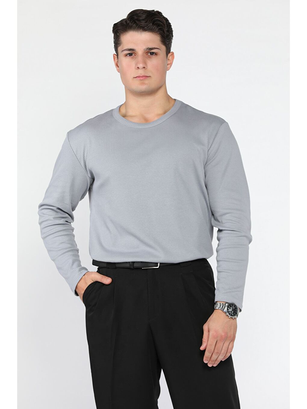 Gri Erkek Bisiklet Yaka İnterlok Sweatshirt