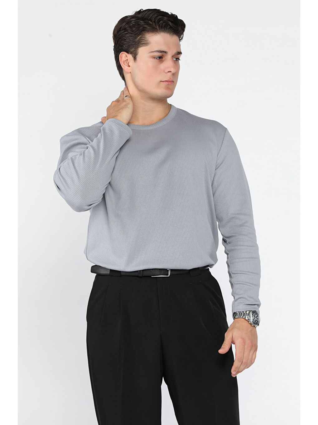 Gri Erkek Bisiklet Yaka İnterlok Sweatshirt-1