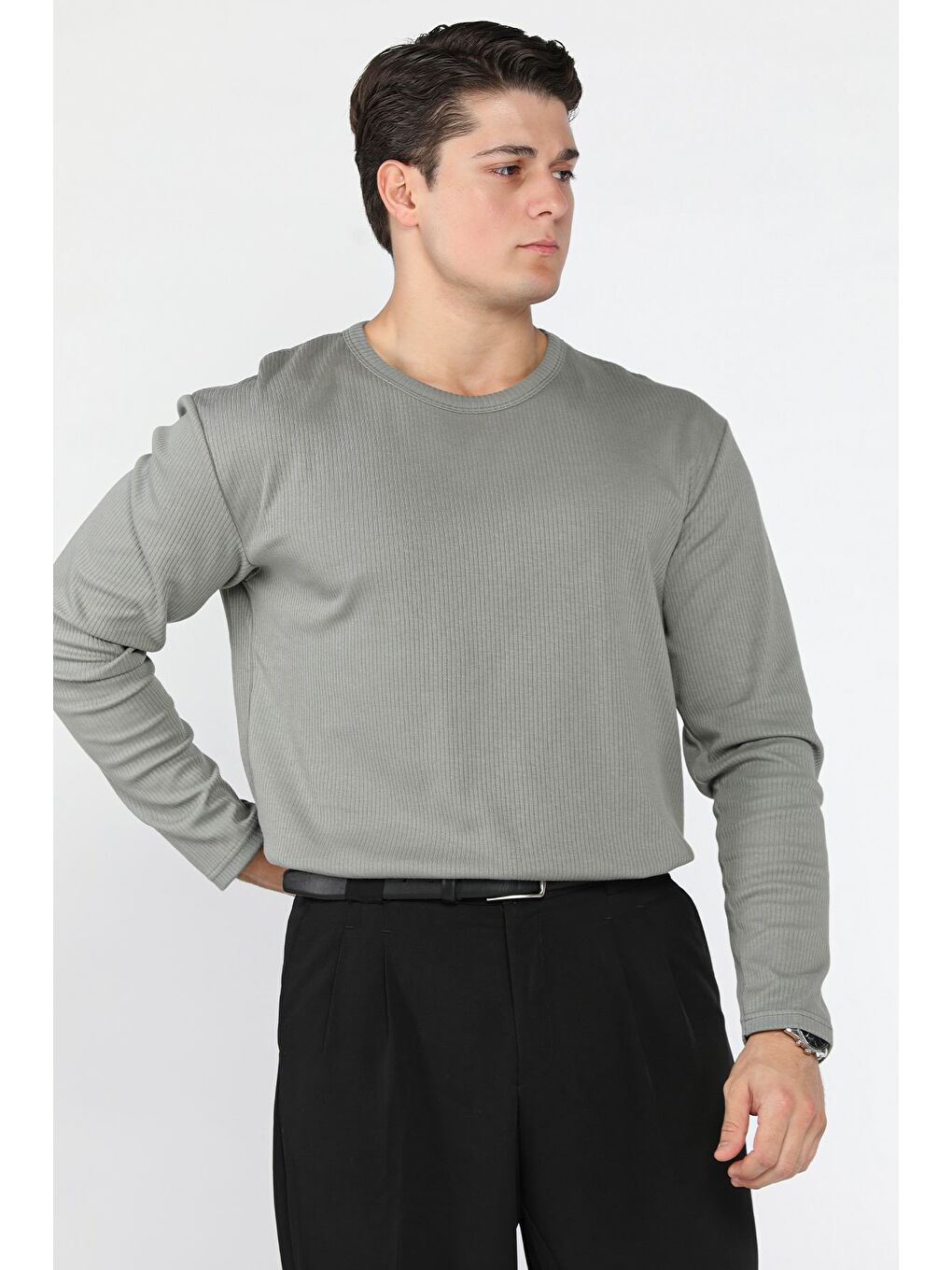 Haki Erkek Bisiklet Yaka İnterlok Sweatshirt-1