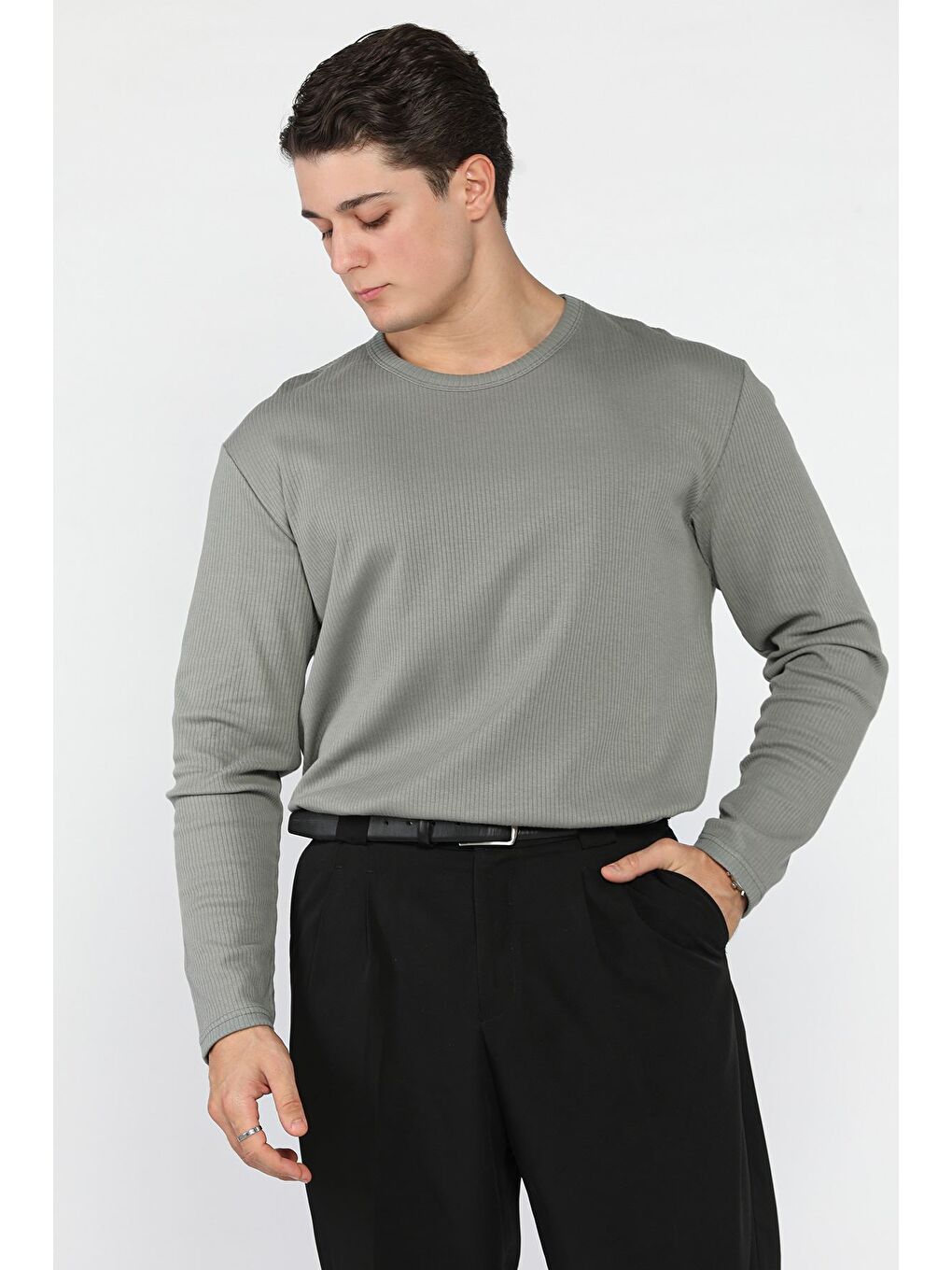 Haki Erkek Bisiklet Yaka İnterlok Sweatshirt-2