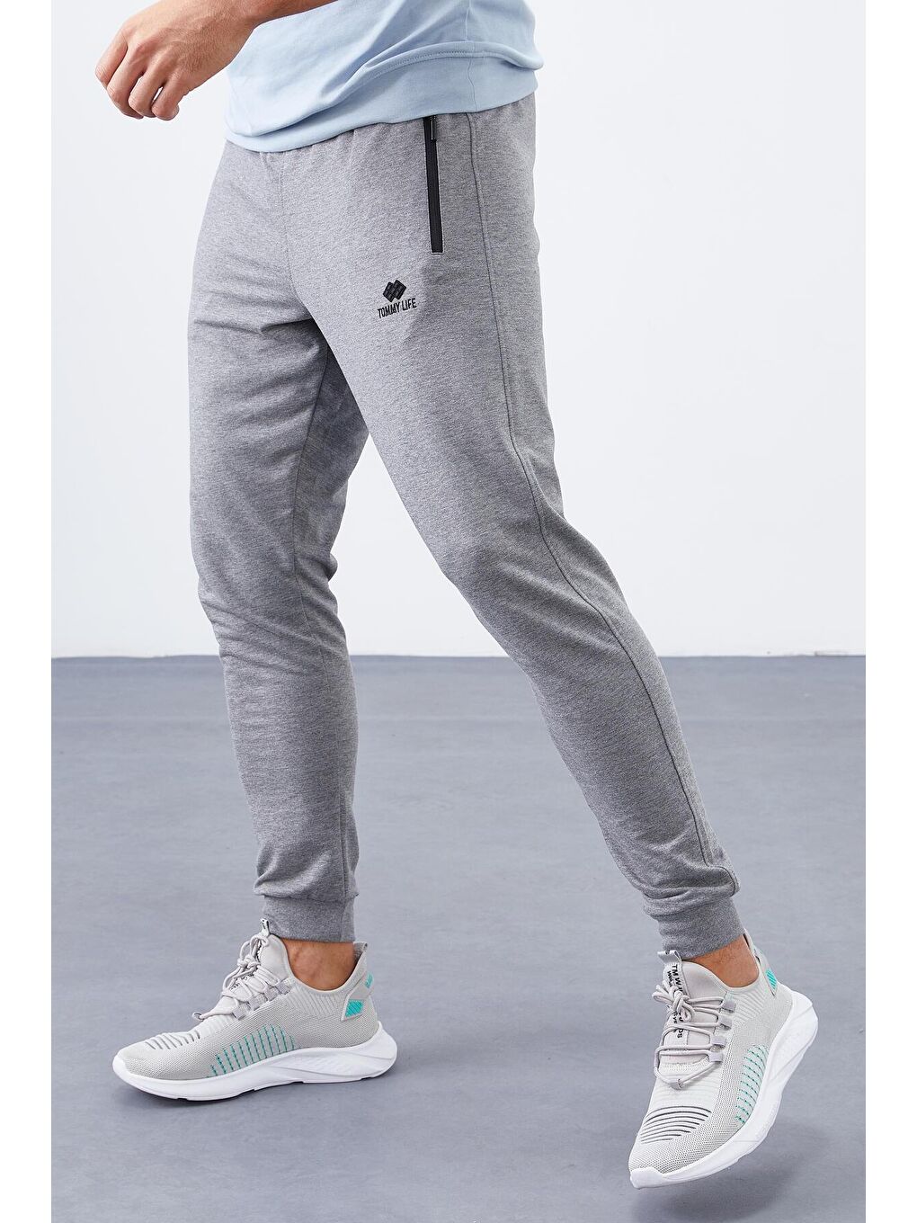 TOMMYLIFE Gri Melanj Fermuar Cepli Standart Kalıp Jogger Erkek Eşofman Alt - 84651 - 3