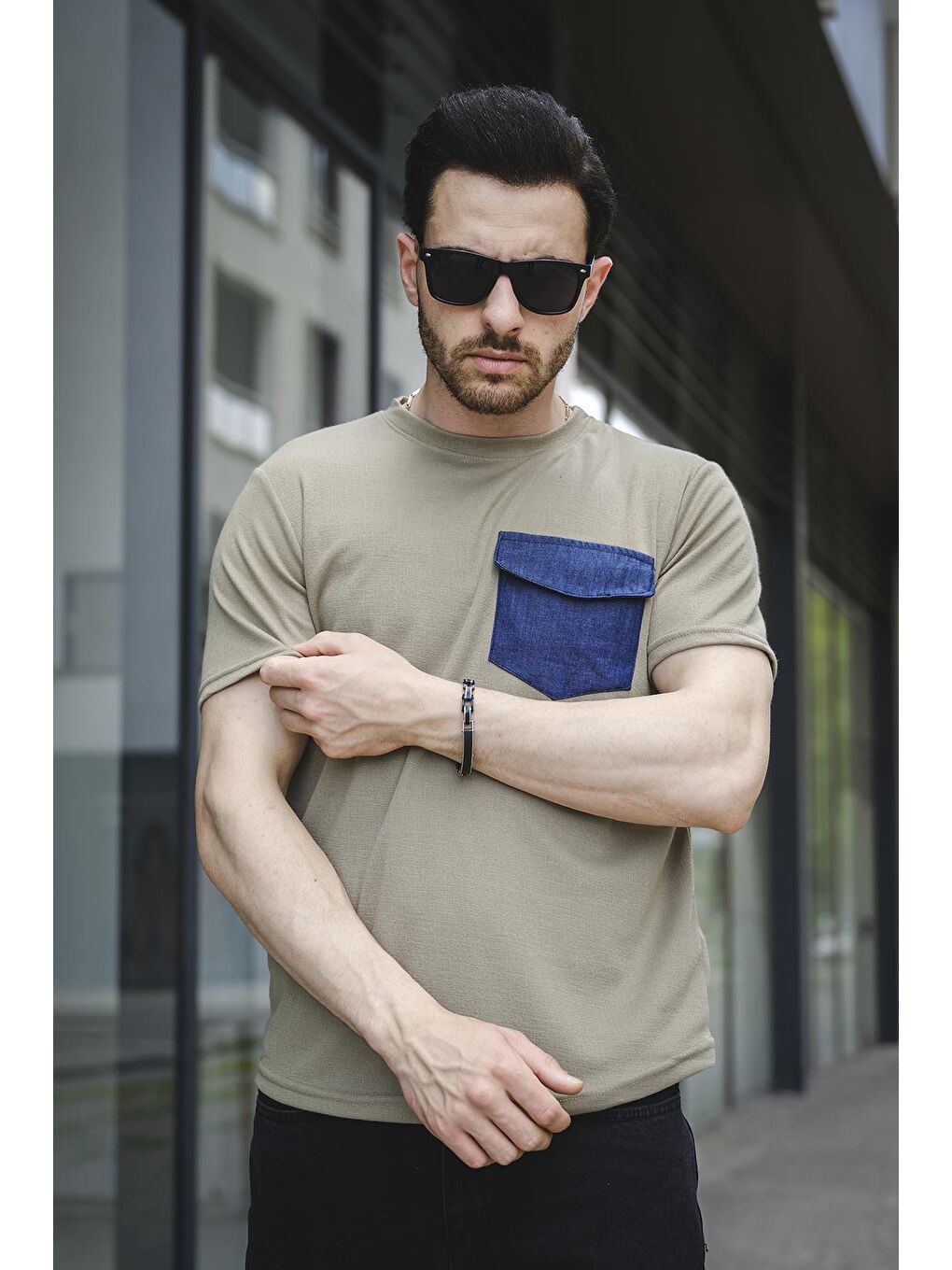 Haki Kapaklı jean  Cepli Erkek Tişört