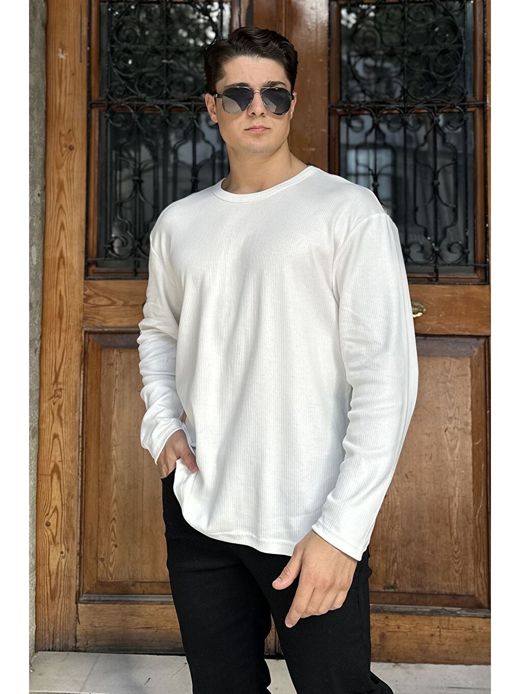 Ekru Erkek Bisiklet Yaka İnterlok Sweatshirt