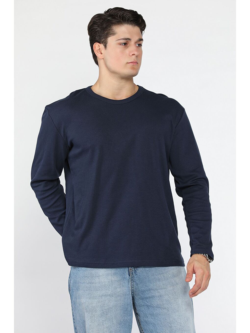 Lacivert Erkek Bisiklet Yaka İnterlok Sweatshirt