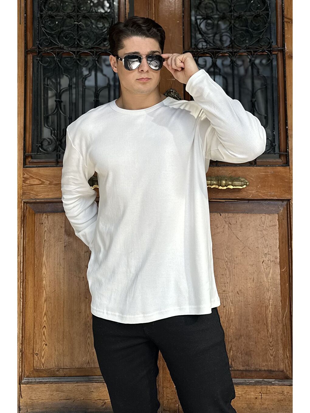 Ekru Erkek Bisiklet Yaka İnterlok Sweatshirt-2