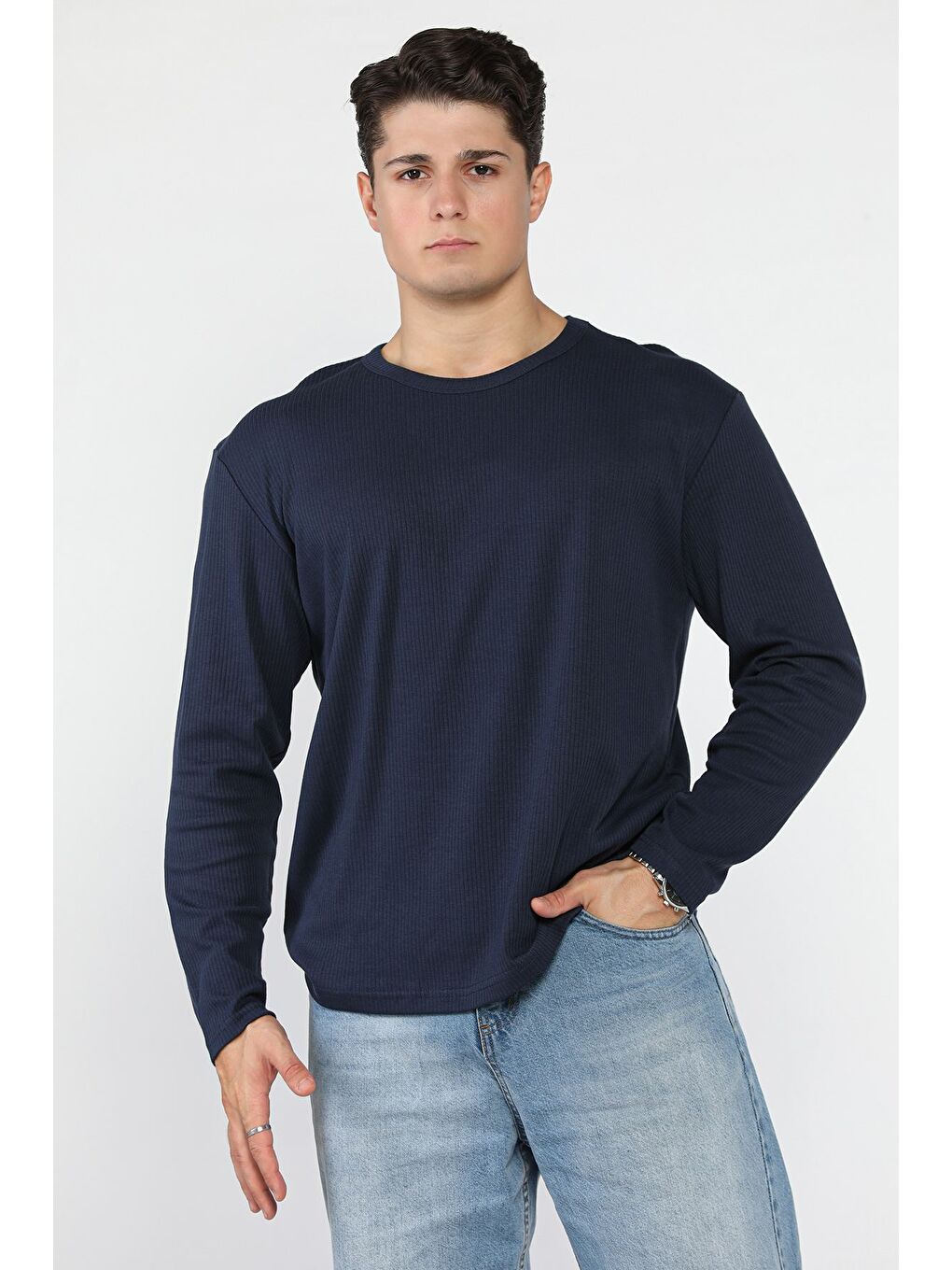 Lacivert Erkek Bisiklet Yaka İnterlok Sweatshirt-1