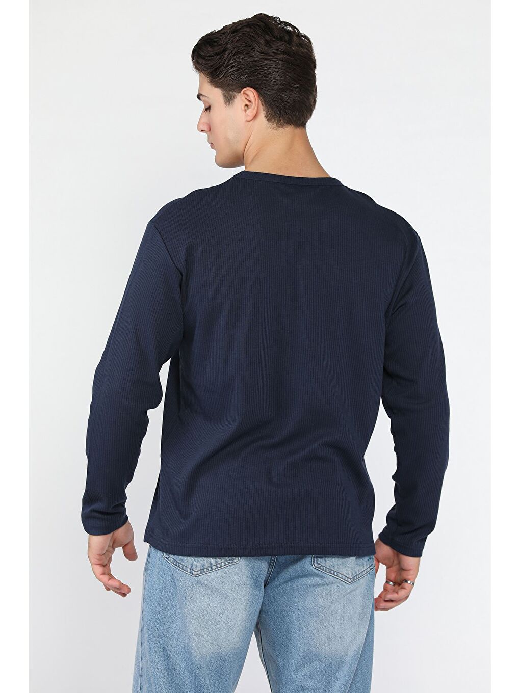 Lacivert Erkek Bisiklet Yaka İnterlok Sweatshirt-2