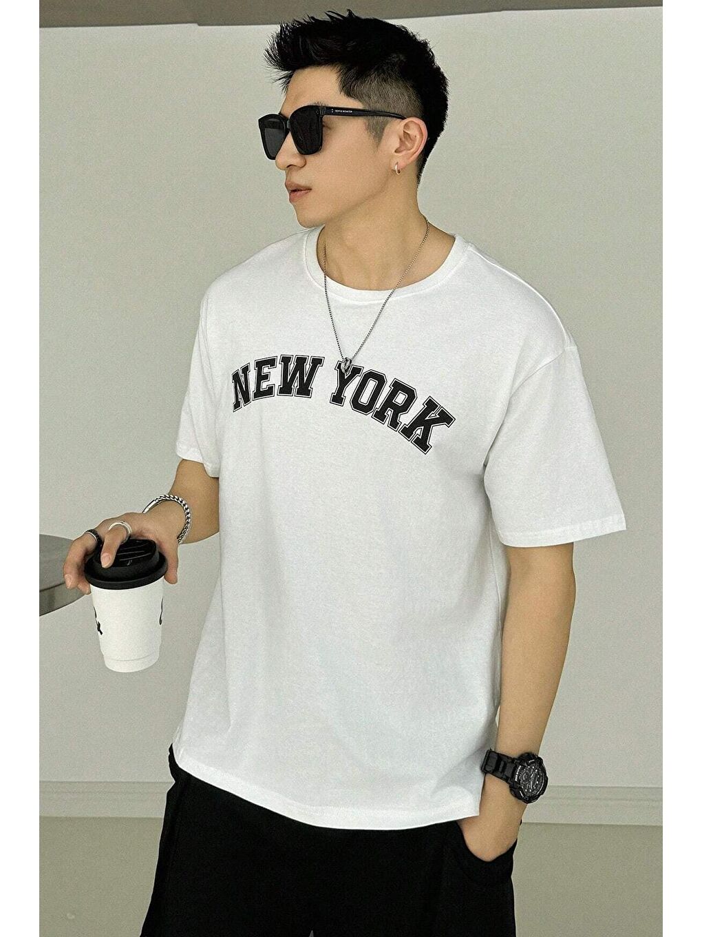 uyguntarz Beyaz Erkek New York Baskılı Oversize Tshirt