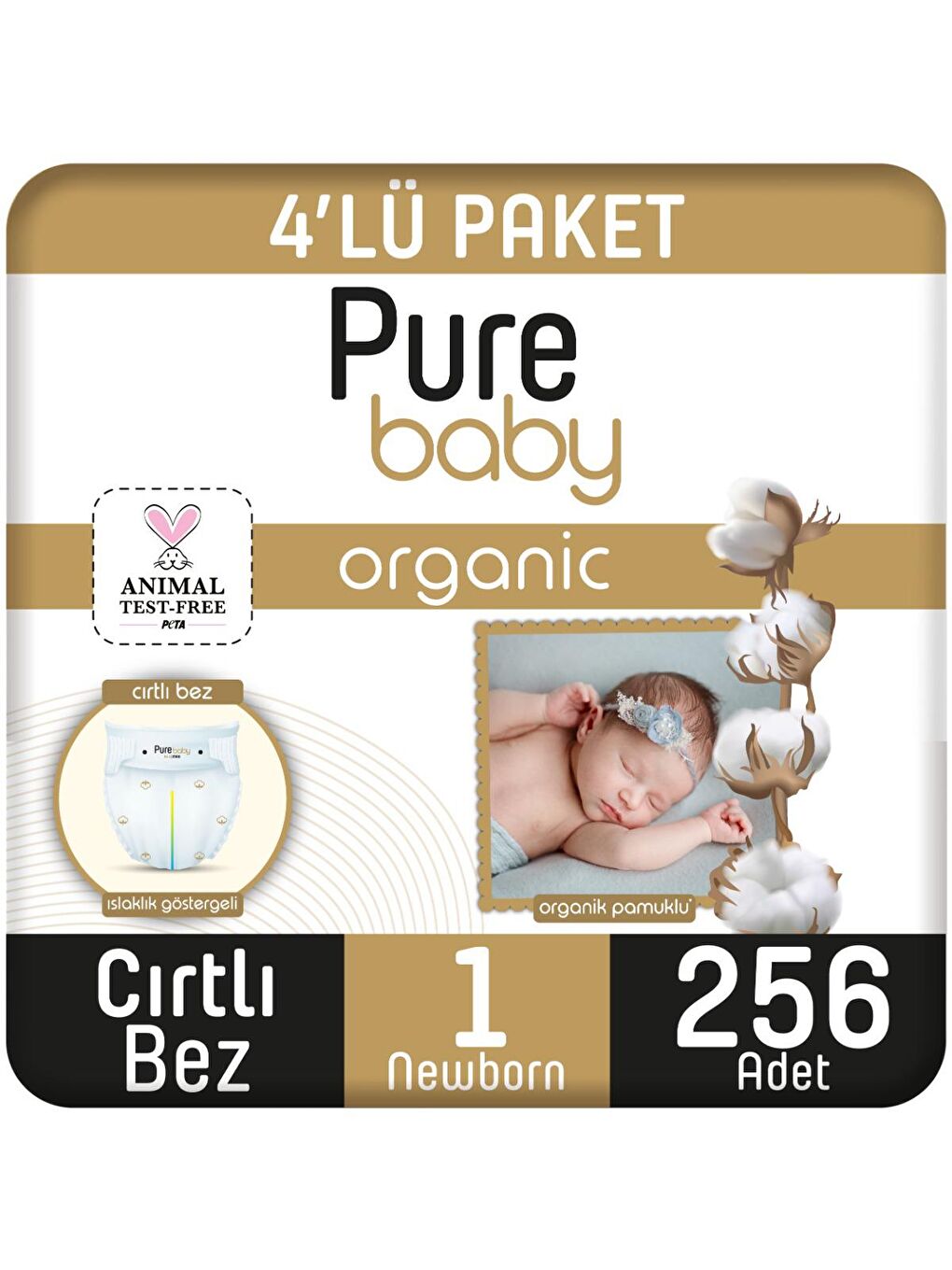 Pure Baby Renksiz Organik Pamuklu Cırtlı Bez 4'lü Paket 1 Numara Yenidoğan 256 Adet