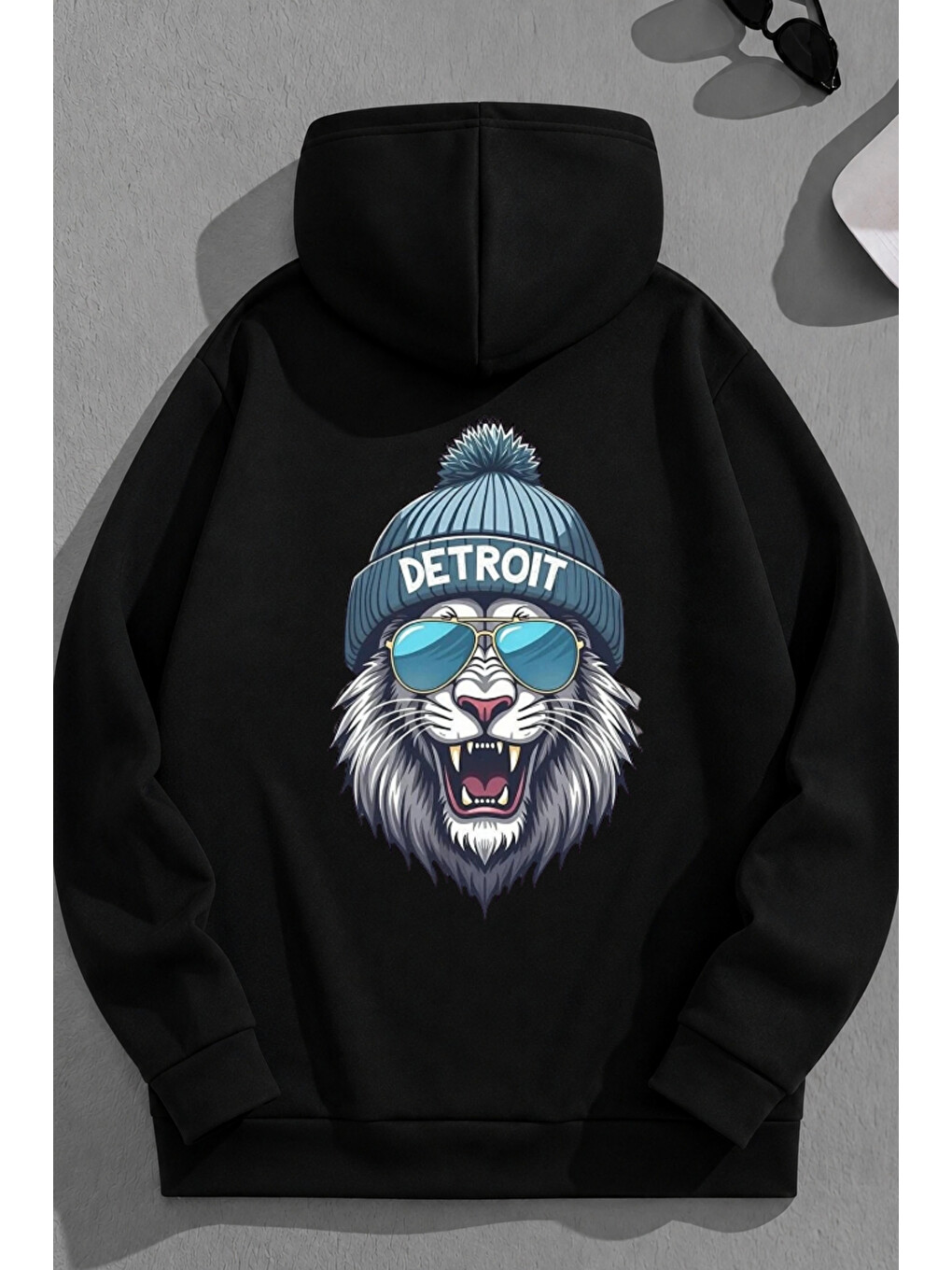 Unisex 3 İplik Pamuklu Siyah Detroit Baskı Bol Kalıp Sweatshirt Hoodie