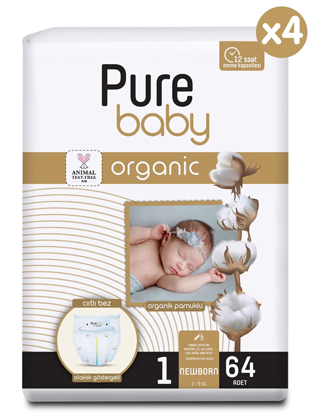 Pure Baby Renksiz Organik Pamuklu Cırtlı Bez 4'lü Paket 1 Numara Yenidoğan 256 Adet - 1